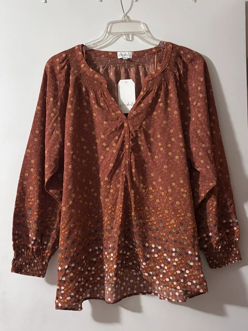 Wonderly NWT Rust Floral Smocked V-Neck Blouse - Plus Size 1X